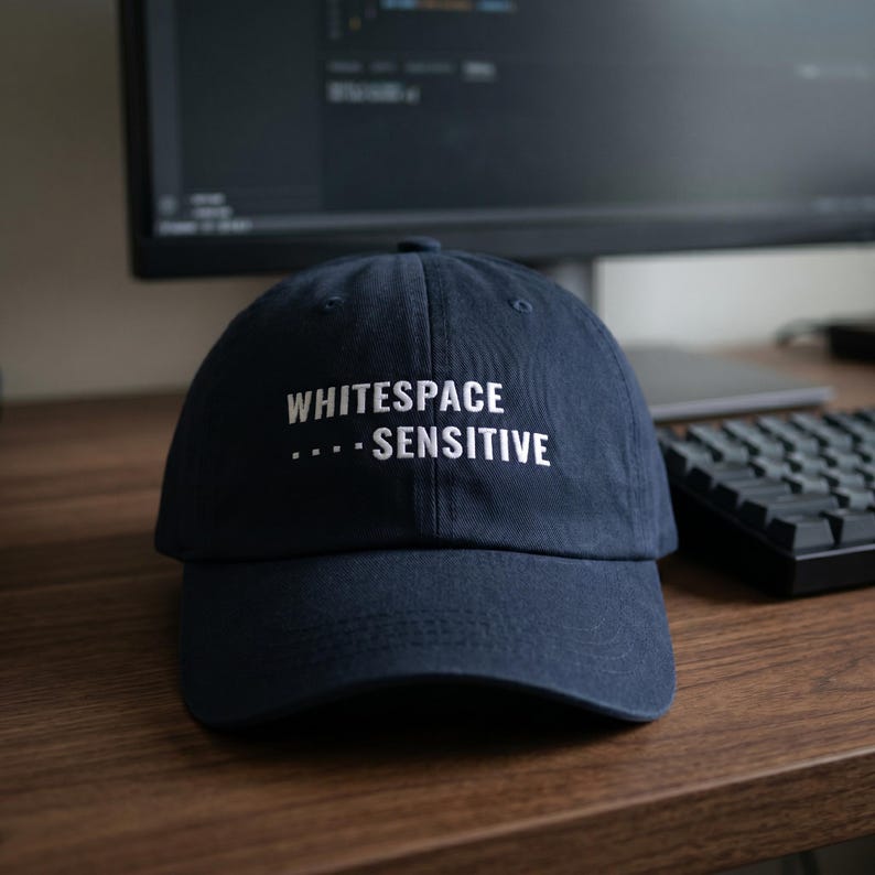 May include: A navy blue baseball cap featuring white embroidered text that reads WHITESPACE SENSITIVE with four small squares preceding the word SENSITIVE. The cap has a structured crown, a curved brim, and a button at the top center.