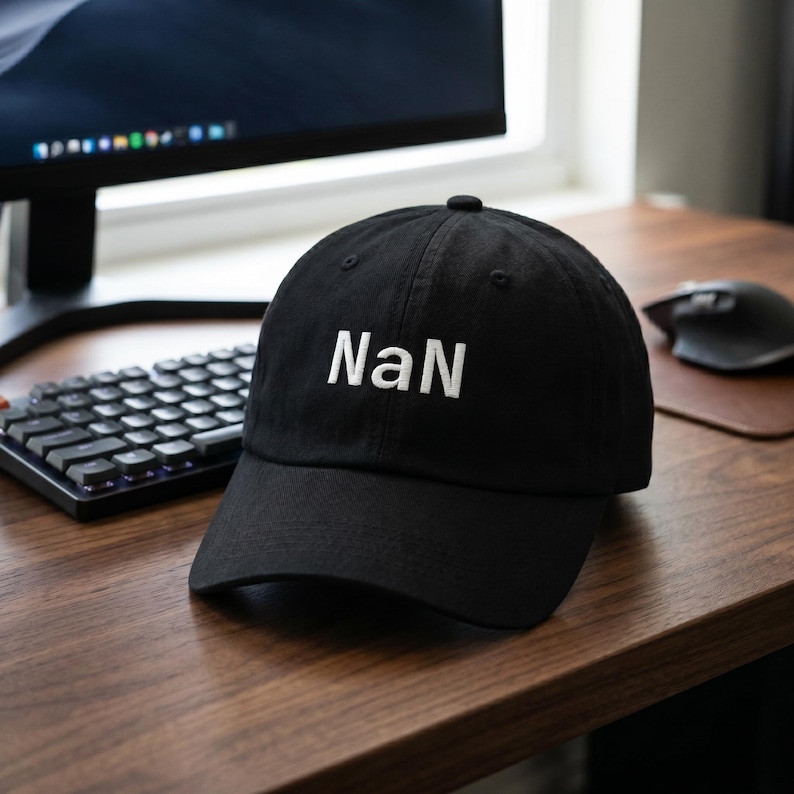 May include: A black baseball cap featuring the white embroidered text "NaN" centred on the front panel. The cap has a structured crown, a curved brim, and a button at the top, showcasing a clean design with white lettering on a solid black fabric.