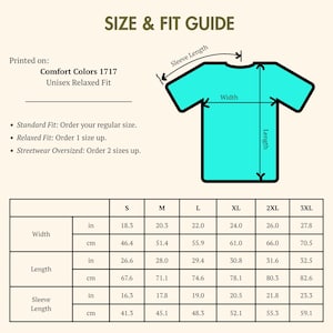 May include: Size and Fit Guide for a Unisex Relaxed Fit t-shirt. Measurements in inches and centimetres are provided for width, length, and sleeve length across sizes S to 3XL. The guide includes instructions for standard, relaxed, and streetwear oversized fits.