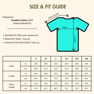 Puede incluir: Una gu&iacute;a de tallas y ajuste para una camiseta unisex de corte relajado. La gu&iacute;a incluye medidas en cent&iacute;metros y pulgadas para el ancho, largo y largo de manga, desde la talla S hasta la 3XL. La camiseta es Comfort Colors 1717.
