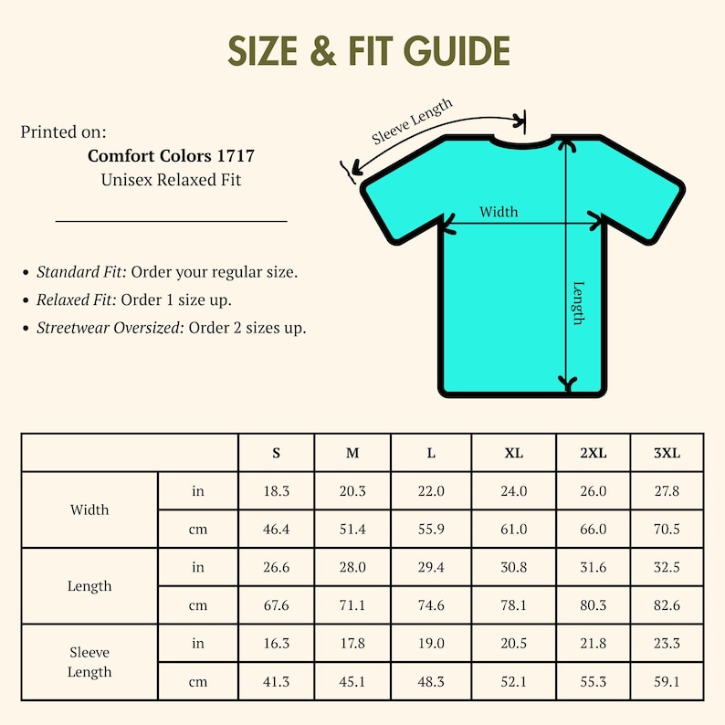 Puede incluir: Una gu&iacute;a de tallas y ajuste para una camiseta unisex de corte relajado. La gu&iacute;a incluye medidas en cent&iacute;metros y pulgadas para el ancho, largo y largo de manga, desde la talla S hasta la 3XL. La camiseta es Comfort Colors 1717.