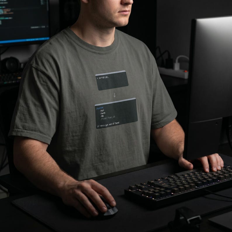 May include: A grey t-shirt with a code snippet graphic and the text "script.py" and "// this got out of hand". The shirt is worn by a person using a computer and keyboard.
