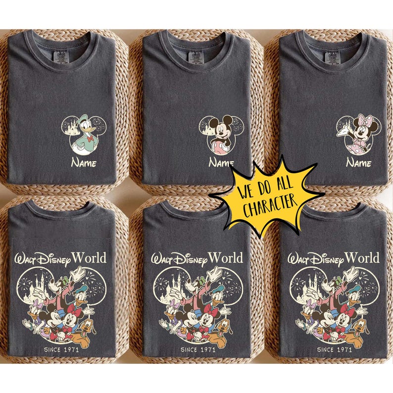 May include: Dark grey t-shirts featuring Disney character graphics. Top row shows Donald Duck, Mickey Mouse, and Minnie Mouse in circular outlines with the text Name. Bottom row shows a group of Disney characters with Walt Disney World Since 1971.