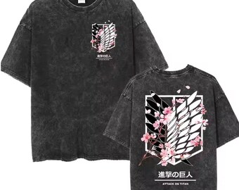 Wings of Freedom Cherry Blossom Mineral Wash T-Shirt, Attack on Titan Sakura Vintage Shirt, Scouting Legion Aesthetic Anime Tee