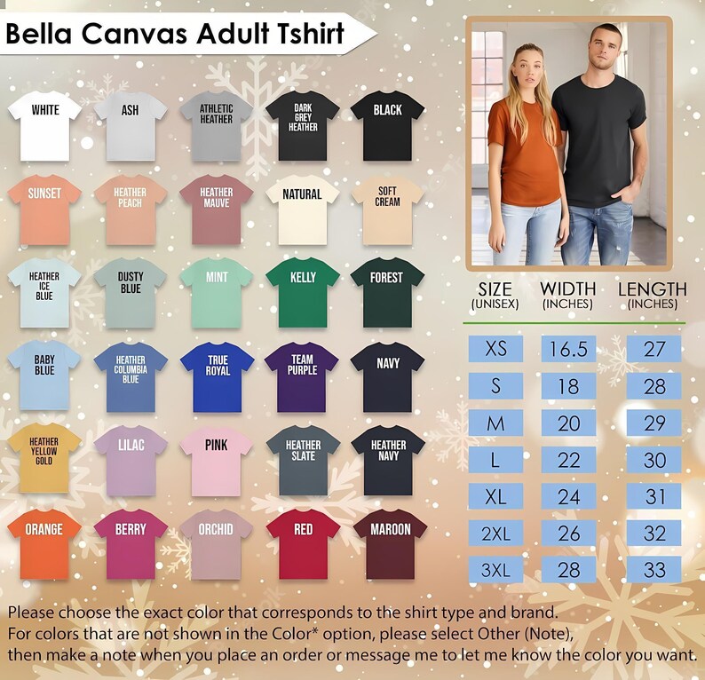 May include: A Bella Canvas adult t-shirt colour chart featuring thirty colour swatches with labels, a photo of two individuals wearing t-shirts, and a size chart with width and length measurements in inches ranging from XS to 3XL.
