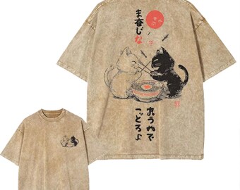 Cute Cats Eating Ramen Mineral Wash T-Shirt, Japanese Aesthetic Sand Acid Wash Tee, Retro Ukiyo-e Style Cat Shirt