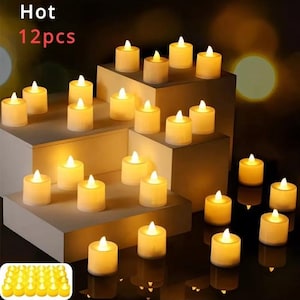 May include: A collection of 12 battery-operated, flameless LED candles arranged on tiered white platforms. The candles are cylindrical, with a warm, yellow glow emanating from the top, mimicking a lit flame. The background is dark, highlighting the candles.