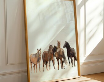 Quadro con cavalli al galoppo, stampa animalier minimalista, decorazione neutra per la casa, opera d'arte moderna e rustica