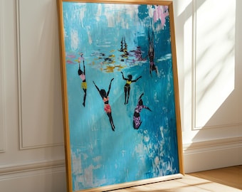 African American Women Swimming Art Print, Textured Canvas, Black Beauty Decor.