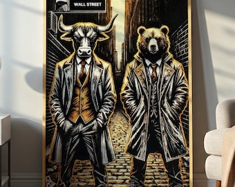 Quadro su tela con toro e orso a Wall Street, decorazione per il mercato azionario, finanza e affari, pronto per essere appeso.
