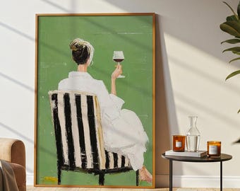 Wine Lover Wall Art, Chic Woman Painting, Modern Fashion Canvas, Green Background Wall Decor