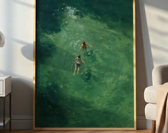 Abstract Swimming Figure Art Print, Green Water Painting, Modern Decor
