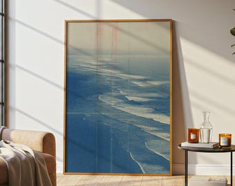 Quadro murale con vista aerea dell'oceano, stampa fotografica costiera, decorazione con paesaggio marino blu, opera d'arte per casa al mare.