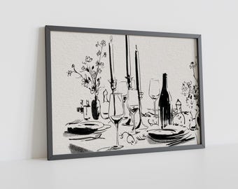 Stampa artistica incorniciata e realizzata a mano raffigurante un tavolo da pranzo, opera d'arte in bianco e nero per la cucina, decorazione per la casa su tela testurizzata.