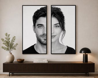Custom Split Portrait Wall Art, Family Couple Photo Canvas Print, Black White Decor