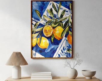 Stampa artistica con limoni mediterranei, decorazione blu per la cucina in stile costiero, poster in stile Costiera Amalfitana.