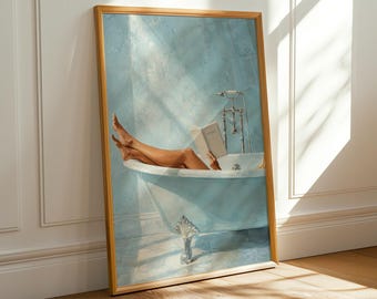 Stampa su tela con soggetto "Lettura nella vasca da bagno", decorazione murale in tela testurizzata, ideale per il bagno in stile spa.