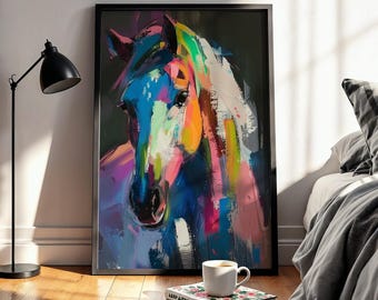 Quadro astratto colorato con cavallo su tela, decorazione equestre incorniciata per la parete, dipinto audace per il soggiorno.