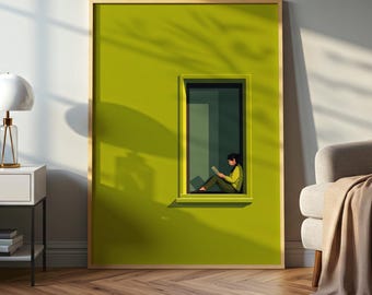 Illustrazione minimalista di lettura, opera d'arte con finestra verde, poster moderno per amanti dei libri.