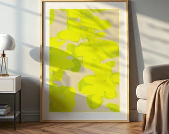 Decorazione murale botanica al neon, stampa astratta verde lime, poster floreale moderno, arredamento contemporaneo di grande impatto.