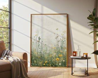 Arte murale con prato di fiori selvatici, stampa di paesaggi floreali minimalisti, decorazione naturale delicata, arte botanica neutra