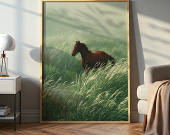Stampa su tela con motivo di cavallo al galoppo, decorazione murale in stile rustico con tema natura e atmosfera suggestiva (pronta per essere appesa).