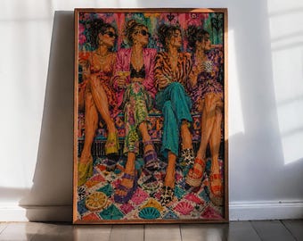 Quadri da parete colorati con ragazze alla moda, stampa massimalista chic, poster glamour da cocktail, decorazione femminile audace