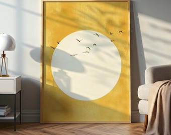 Stampa su tela Golden Sun, uccelli astratti, arredamento scandinavo boho