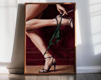 Quadro da parete con donna alla moda, stampa di figura con tacco alto, decorazione per camera da letto color bordeaux, illustrazione di moda femminile