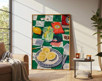 Natura morta con limoni, stampa per cucina mediterranea, poster estivo italiano, decorazione da tavola con agrumi