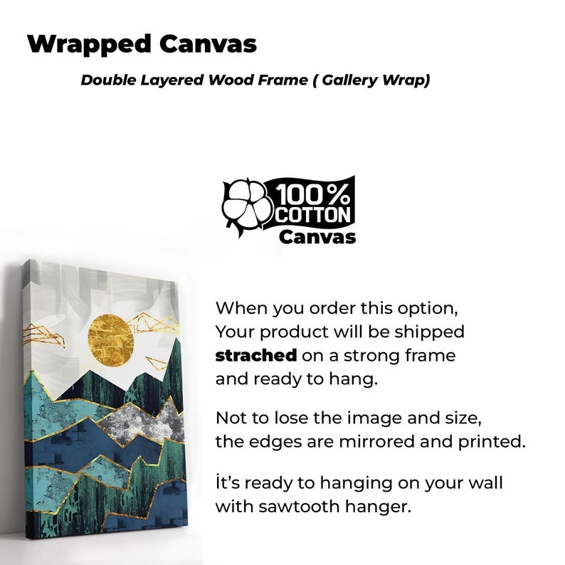 May include: Wrapped canvas art print with a double layered wood frame. The artwork features a gold sun and geometric mountain design in shades of teal, blue, and gray. The canvas is made of 100% cotton and is ready to hang.