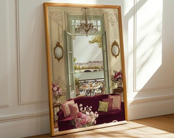 Stampa con vista dal balcone di Parigi, romantica scena francese sul fiume, elegante tela per interni floreali.