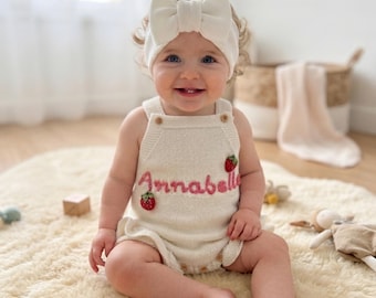 Personalized Knit Baby Romper Dress & Headband Set, Custom Embroidered Newborn Outfit Baby Shower Gift