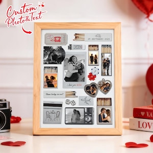 May include: A wooden framed collage featuring various small photos and decorative elements. The collage includes photos of couples, a vintage phone, dice, and the text "I love you XOXO". The frame is on a white surface.