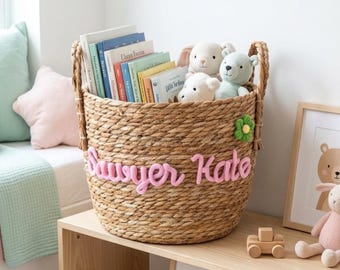 Spersonalizowany pleciony kufer na zabawki, kosz do przechowywania z imieniem, dekoracja pokoju dziecięcego, prezent na baby shower