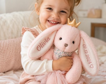 Spersonalizowany haftowany króliczek z imieniem i datą urodzenia, spersonalizowany pluszowy upominek na baby shower, prezent na pierwsze urodziny noworodka