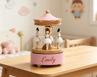 Personalized Ballerina Music Box, Custom Name, Wooden Carousel, Baby Girl Gift