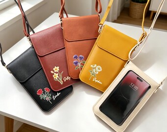 Birth Flower Crossbody Phone Bag, Personalized Leather Cellphone Purse Gift