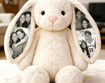 Custom Photo Bunny Plush – Personalized Hidden Ear Picture Bunny Gift for Couples Anniversary Father's Day Gifts