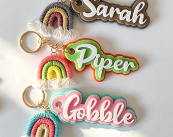 Custom Name Keychain with Macrame Rainbow Tassel, Personalized Acrylic 3 Layer Name Tag Keyring, Backpack Tag, Lunchbox ID Durable Gift Idea