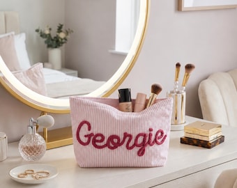 Personalized Crochet Name Cosmetic Pouch, Striped Toiletry Bag, Bridesmaid Gift