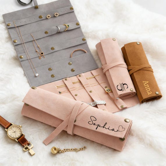 Personalized Leather Jewelry Roll, Custom Name Travel Organizer, Bridesmaid Gift