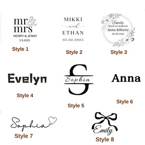 May include: A collection of eight different text designs, including names and dates, in various fonts and styles. The designs are in black and white, with options for wedding or event personalization.