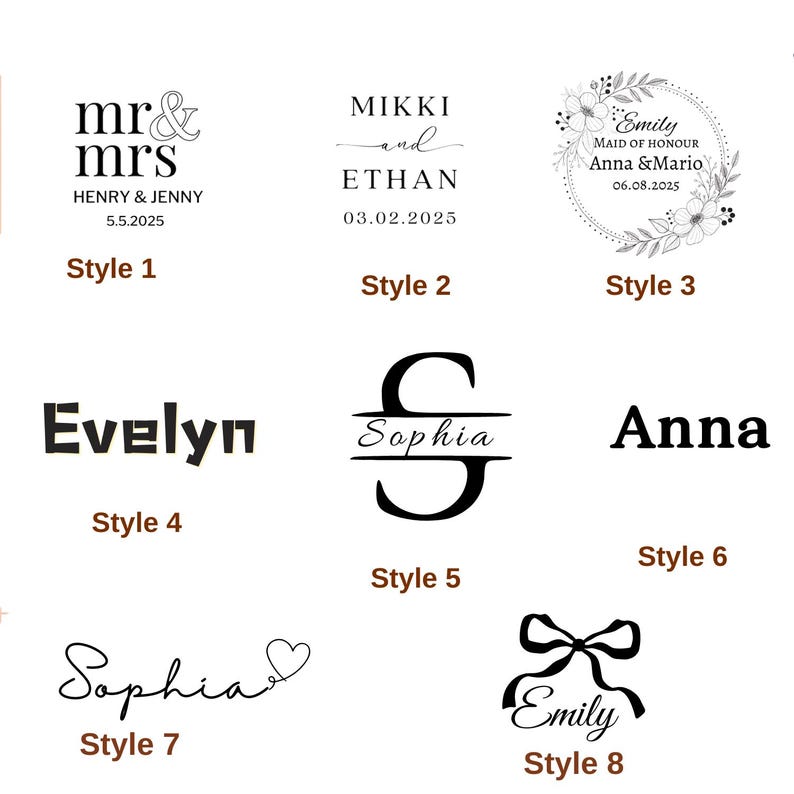 May include: A collection of eight different text designs, including names and dates, in various fonts and styles. The designs are in black and white, with options for wedding or event personalization.