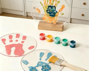 Personalized Family Handprint Kit, Acrylic Plaque with Wooden Base, DIY Keepsake Home Decor