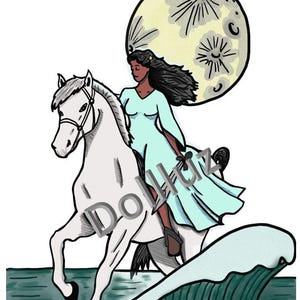 May include: Illustration of a woman riding a white horse through a wave, with a large moon in the background. The woman wears a light blue dress. The image has the text "Dollhuz" across the horse.