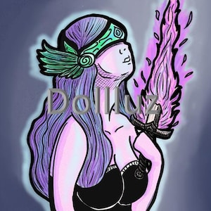 May include: Illustration of a woman with purple hair and a green headband, holding a sword with a pink flame. The image has the text "Dolluz" in the center. The background is a gradient of blue and purple.