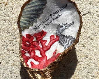 Red Coral Oyster Shell Jewelry Dish, Ring Dish, Decoupage and Gold Leaf