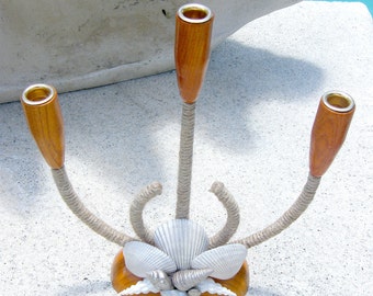 Retro Danish Teak triple candlestick with Seashells and Jute for midcentury, coastal look.