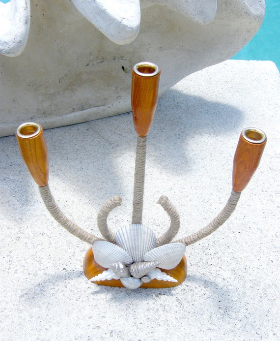 Retro Danish Teak triple candlestick with Seashells and Jute for midcentury, coastal look.